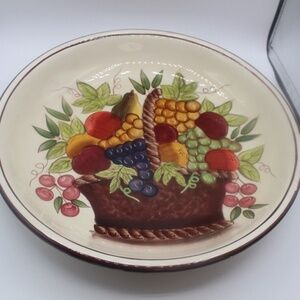 Vintage Large Hand Painted Ceramic Serving Dish with Fruit Basket on Center